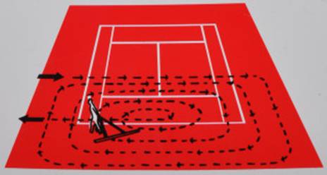 A tennis court with a drawing of a personDescription automatically generated